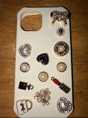 T.J.Maxx Cream Phone Case with Pearl, Bow & Lipstick Charms